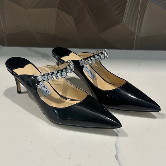 Jimmy Choo Shoes - Jimmy Choo Black Patent Leather Mules with Crystal Straps